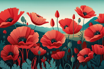 illustration of red flower poppy field banner background