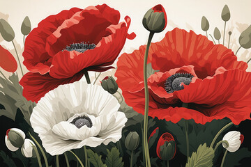 illustration of red flower poppy field banner background