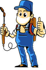 Blue spray man can be used for pest control bossiness logo.