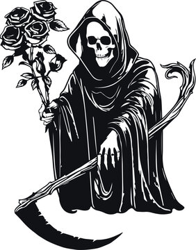 Death with roses, Grim Reaper, Skeleton in black robe Vector Illustration, SVG