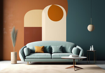 Blue sofa and pendant light against of wall with art decoration. Mid century interior design of modern living room. Created with generative AI