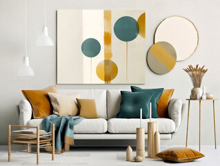White sofa with colorful cushions against of white wall with art poster. Scandinavian style interior design of modern living room. Created with generative AI