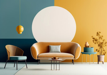 Orange loveseat sofa and barrel chair against of blue yellow wall. Mid century interior design of modern living room. Created with generative AI