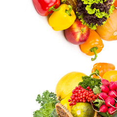 Fruits and vegetables isolated on white . Free space for text. Collage.