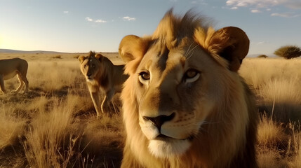 Fototapeta na wymiar Lions in their Natural Habitat. Generative AI