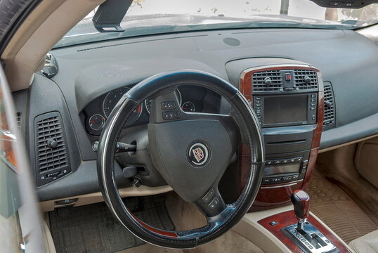 The photo was taken in Ostrowiec Swietokrzyski on June 5, 2020 at 12:11. Cockpit of the American "star" of the car industry. The interior of an American car of the Cadillac brand .