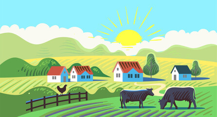 Cows in farm cartoon. Rural countryside landscape with meadow