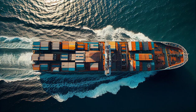 Aerial View Of A Cargo Ship Sailing On The Ocean, Loaded With A Multitude Of Shipping Containers Ai Generated Image