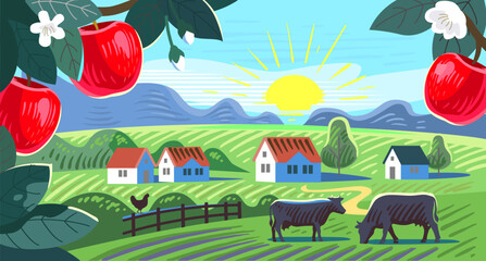 Apple tree and village. Cows in farm field with houses. Summer landscape
