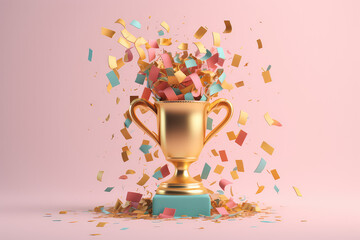 Gold championship trophy cup with festive multicolored flying confetti on flat pink color. Cute 3D icon in a cartoon plastic style in pastel colors. Generative AI 3d rendering illustration imitation. - obrazy, fototapety, plakaty