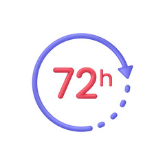 3D alarm clock 72 hours icon. Support service, working hours, delivery concept. Passage of time.