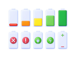 3D Set of battery. Battery charge indicator. Battery charge from low to high. Discharged and charged battery.