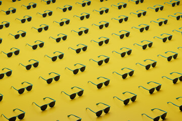 Many 3D rendered Sunglasses over Yellow Background