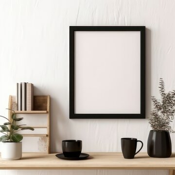Empty black picture frame on white living room wall created with Generative AI