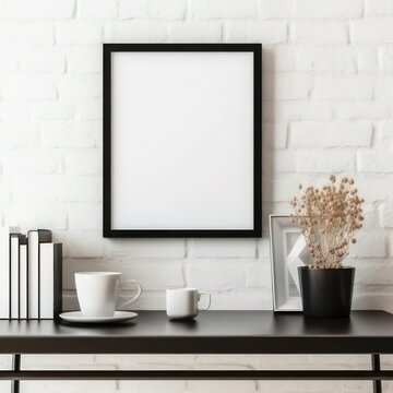 Empty black picture frame on white living room wall created with Generative AI © mg photo