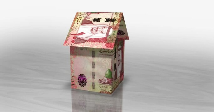 Saudi Arabia Rial 100 SAR money banknotes paper house on the table. Saudi Arabia currency notes 3D concept home mortgage loan, debt, rent, liabilities and building wealth financing. Seamless looped.