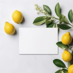Summer stationery still life scene. Cut lemon fruit and olive tree branch on white table background in sunlight. Closeup of blank business card mockup. Top view. Created with Generative AI