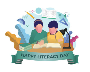 People celebrate international literacy day and happy student day by reading books. Flat vector illustration design