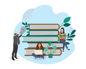 People celebrate international literacy day and happy student day by working on computers and reading books. Flat vector illustration design