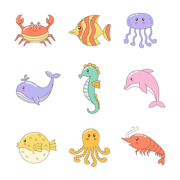 A Collection of Cute Pastel-Colored Cartoon Sea Animal Clip Art