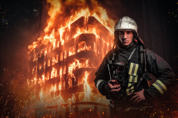 A courageous firefighter in protective gear and oxygen mask stands surrounded by flames and sparks in front of a burning building