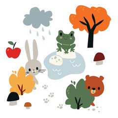 Forest animals. Rabbit and bear hiding. Frog sitting on a stone.