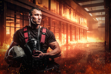 Obraz na płótnie Canvas Confident and brave firefighter holding a protective helmet amidst a raging inferno inside an office building. The image evokes a strong sense of courage and determination