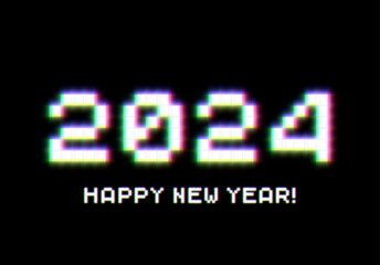 2024 New Year sign with glitched glowing pixels. Winter holiday and year change symbol.