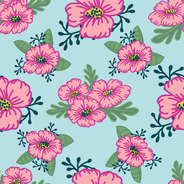 This Seamless Repeat Pattern Design is a Blue Background Covered with Pink Flowers of Various Sizes.