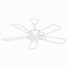 Electric ceiling air fan vector drawing on isolated white background fix on roof, realistic abstract art concept electric home appliance five blades , line art, eps10.
