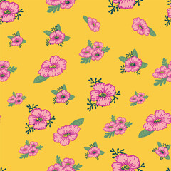 Obraz na płótnie Canvas A Bright Yellow Background Features Scattered Pink Flowers in the Seamless Repeat Pattern Design