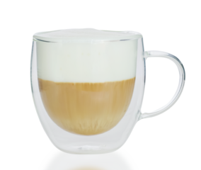 Double wall cup with cappuccino coffee and milk foam isolated on white background.
