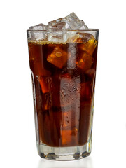 Cold brown drink in tall transparent tall glass with water droplets. Closeup cold brew iced americano coffee with ice cubes no straw side view isolated clipping path on white background.  - obrazy, fototapety, plakaty