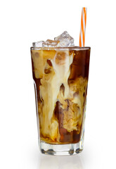 Close up iced coffee with milk , straw in tall glass isolated clean cut clipping path on white background.