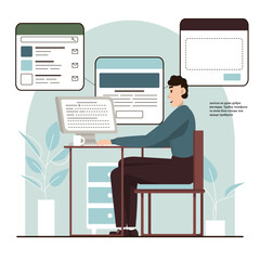 Adult man sitting at table near computer and looking at monitor, searching on website job offers. Cartoon character searching work online. Flat vector illustration in blue colors