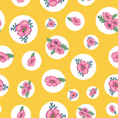 These Geometric White Dots Contain Lovely Pink Flowers on a Yellow Background that Creates this Seamless Repeat Pattern Design