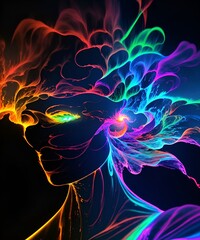 Photo of a woman's face with a vibrant neon multicolored background