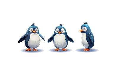 Cartoon penguins in different poses with emotions on an isolated background. Vector illustration