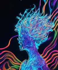Photo of a neon art painting of a woman with mesmerizing flowing hair