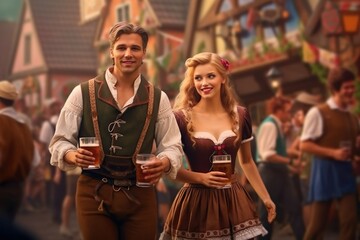 Capturing the Oktoberfest Atmosphere: Couple in Traditional Dirndl Attire Soaking in the Festivities, Generative AI
