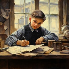 Fototapeta na wymiar Portrait of thoughtful schoolboy sitting at desk in classroom. Drawing of a little boy studying at a table in school. Small child doing homework in light room at home. Studying educational concept.