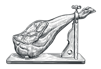 Ham leg on wooden stand. Meat farm pork sketch. Spanish jamon hand drawn engraving illustration vector