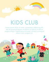 Children playing together outdoors. Different children's activities. Boys and girls with colourful background. Summer kid's activities. Children's illustration.