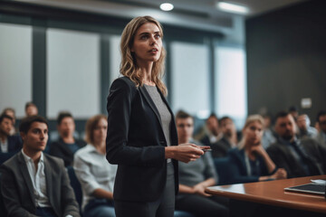 Young confident business woman holding a presentation at a conference