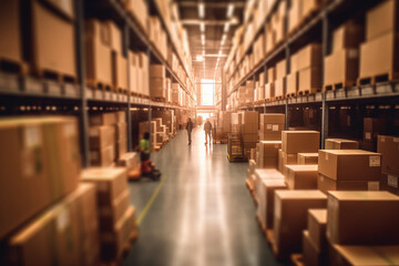 Blurred image of warehouse employees moving shipments