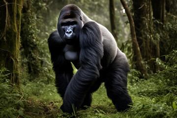 Naklejka premium Silverback mountain gorilla standing in the rainforest. Incredible African wildlife. Generative AI