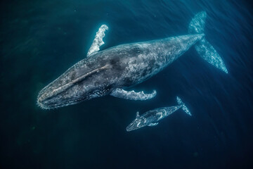 Gorgeous aerial view of two Humpback Whales diving together in the ocean. Amazing Wildlife. Generative Ai