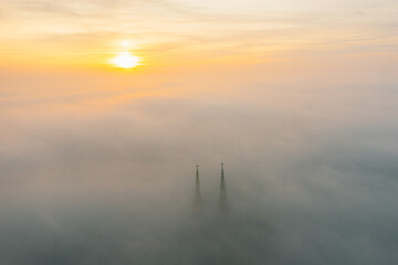 church fog top view, drone in Warsaw, landscape religion europe