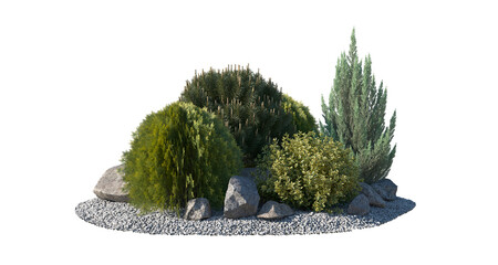 Rockery garden an area within a garden that has plants growing between piles of stones frontal isolated png on a transparent background perfectly cutout