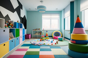Fototapeta na wymiar Interior of modern children's room with stylish furniture and toys, Kids play room, kids bed room, Children's hut, play tent and toys Created with Generative AI Tools